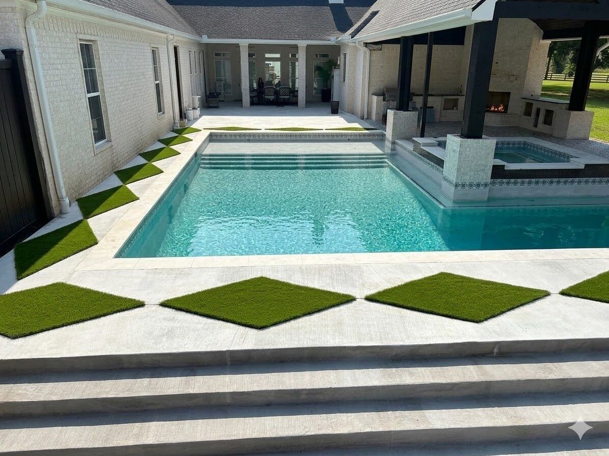 Luxury pool with diamond-shaped turf inlays in concrete deck